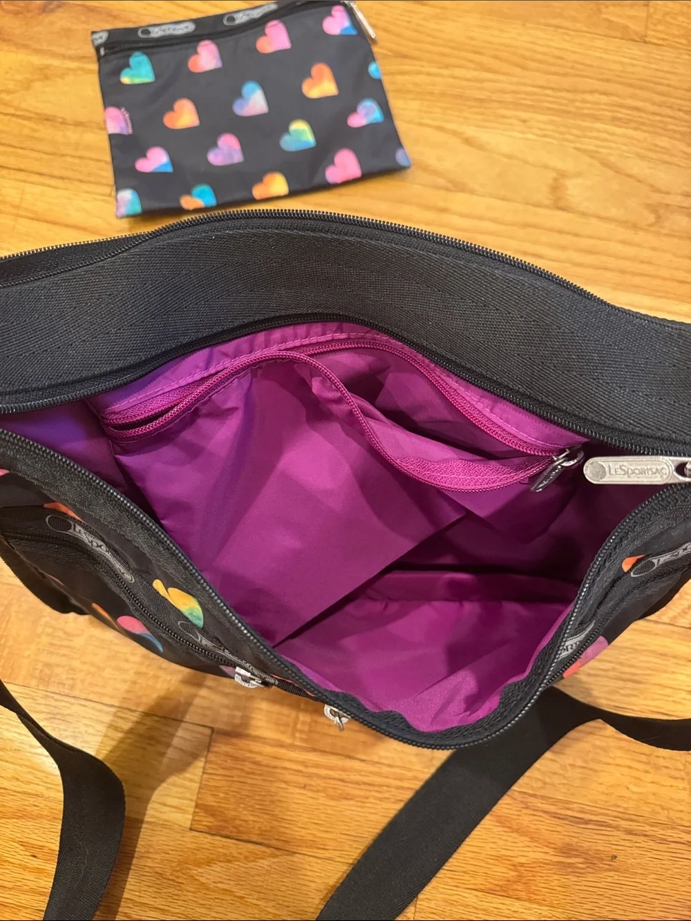 LeSportsac Black Crossbody Bag with Multicolor Heart Print - with matching pouch